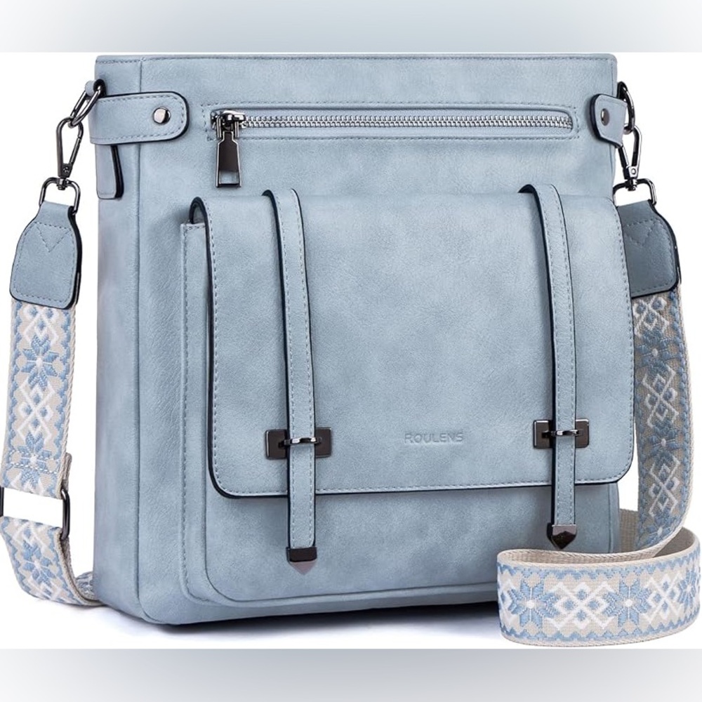 Roulens Light Blue Crossbody Bag with Patterned Strap